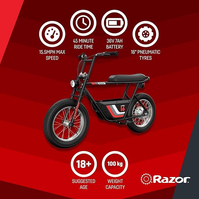 Razor Electric Bike for Ages 18+, 220 lb Max Weight, Black, w/ 350W Motor, 16” Tires & 36V Battery, Up to 15.5 MPH, Rambler 16 – Rechargeable Ride On Minibike for Teens and Adults