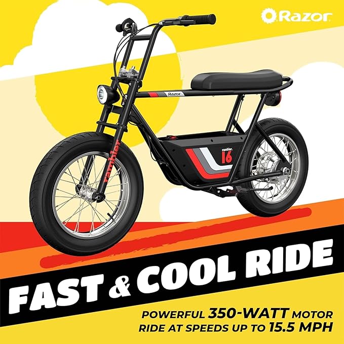 Razor Electric Bike for Ages 18+, 220 lb Max Weight, Black, w/ 350W Motor, 16” Tires & 36V Battery, Up to 15.5 MPH, Rambler 16 – Rechargeable Ride On Minibike for Teens and Adults