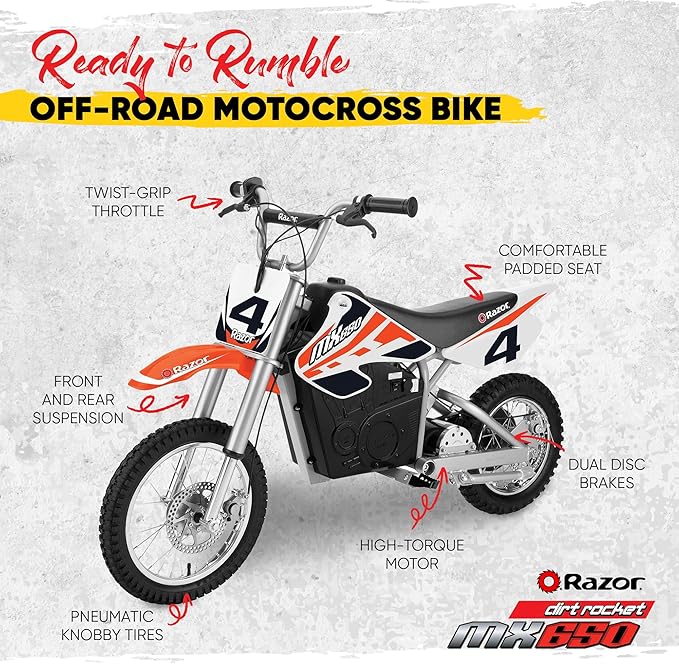 Razor MX650 Dirt Rocket Bike Electric Ride-On for Ages 16+, 220 lb Max Weight, Orange – 36V Battery, Up to 17 Mph, 40-Min Run Time, Twist-Grip Throttle, 16” Front and 14” Rear Pneumatic Tires