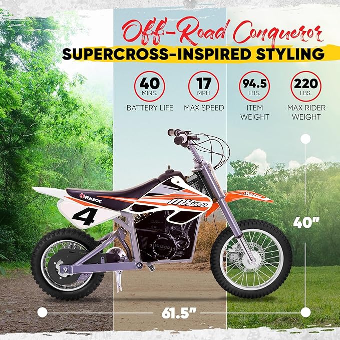 Razor MX650 Dirt Rocket Bike Electric Ride-On for Ages 16+, 220 lb Max Weight, Orange – 36V Battery, Up to 17 Mph, 40-Min Run Time, Twist-Grip Throttle, 16” Front and 14” Rear Pneumatic Tires