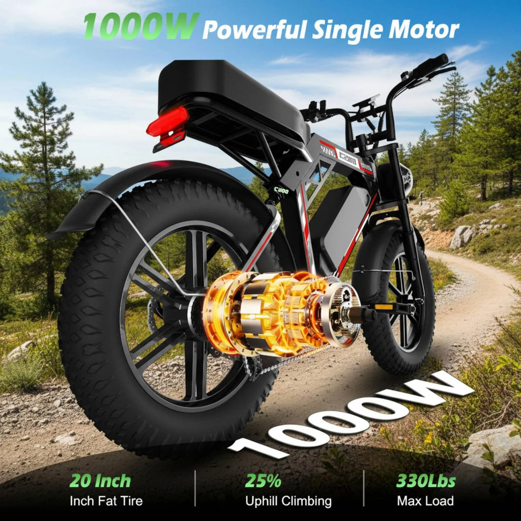 EggKing C200 1000W Electric Bike for Adults, 20" Fat Tire E-Mountain Bikes, 48V 17.5Ah 31MPH Electric Bicycle, Full Suspension UL2849 Black