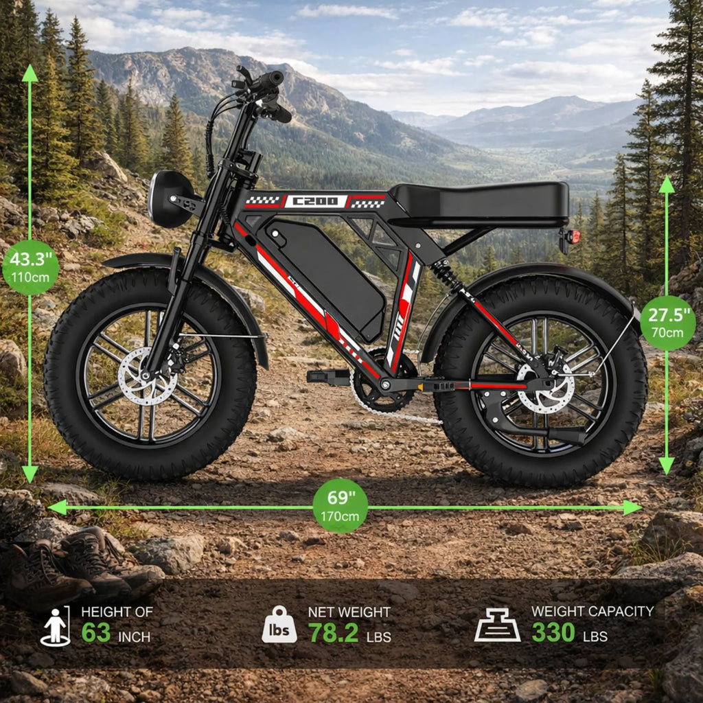 EggKing C200 1000W Electric Bike for Adults, 20" Fat Tire E-Mountain Bikes, 48V 17.5Ah 31MPH Electric Bicycle, Full Suspension UL2849 Black